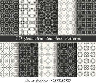 Set of seamless geometric patterns. Black and white line backgrounds collection. Endless repeating linear texture for wallpaper, packaging, banners, invitations, business cards, fabric print