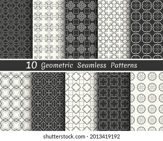 Set of seamless geometric patterns. Black and white line backgrounds collection. Endless repeating linear texture for wallpaper, packaging, banners, invitations, business cards, fabric print