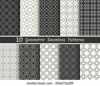 Set of seamless geometric patterns. Black and white line backgrounds collection. Endless repeating linear texture for wallpaper, packaging, banners, invitations, business cards, fabric print