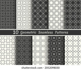 Conjunto de patrones geométricos sin fisuras. Colección de fondo de línea blanca y negra. Textura lineal repetitiva sin fin para papel pintado, embalaje, banners, invitaciones, tarjetas de visita, impresión de tela
