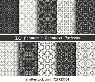 Set of seamless geometric patterns. Black and white line backgrounds collection. Endless repeating linear texture for wallpaper, packaging, banners, invitations, business cards, fabric print