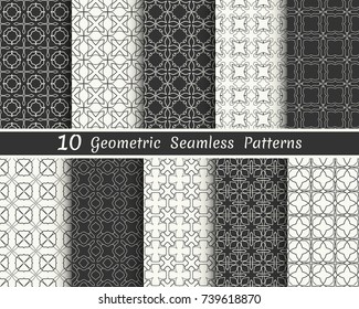 Set of seamless geometric patterns. Black and white line backgrounds collection. Endless repeating linear texture for wallpaper, packaging, banners, invitations, business cards, fabric print