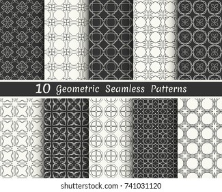 Set of seamless geometric patterns. Black and white line backgrounds collection. Endless repeating linear texture for wallpaper, packaging, banners, invitations, business cards, fabric print