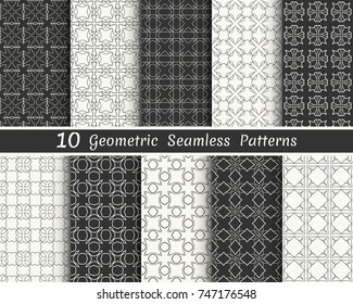 Set of seamless geometric patterns. Black and white line backgrounds collection. Endless repeating linear texture for wallpaper, packaging, banners, invitations, business cards, fabric print
