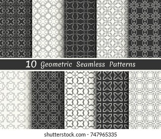 Set of seamless geometric patterns. Black and white line backgrounds collection. Endless repeating linear texture for wallpaper, packaging, banners, invitations, business cards, fabric print