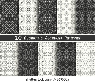 Set of seamless geometric patterns. Black and white line backgrounds collection. Endless repeating linear texture for wallpaper, packaging, banners, invitations, business cards, fabric print