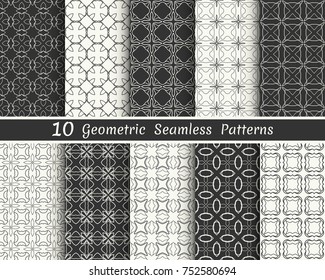 Set of seamless geometric patterns. Black and white line backgrounds collection. Endless repeating linear texture for wallpaper, packaging, banners, invitations, business cards, fabric print