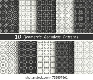 Set of seamless geometric patterns. Black and white line backgrounds collection. Endless repeating linear texture for wallpaper, packaging, banners, invitations, business cards, fabric print