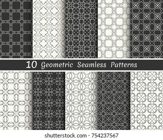 Set of seamless geometric patterns. Black and white line backgrounds collection. Endless repeating linear texture for wallpaper, packaging, banners, invitations, business cards, fabric print