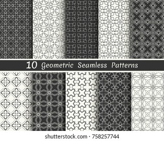 Set of seamless geometric patterns. Black and white line backgrounds collection. Endless repeating linear texture for wallpaper, packaging, banners, invitations, business cards, fabric print