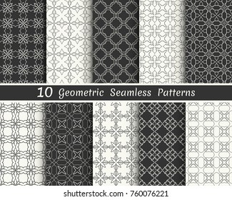 Set of seamless geometric patterns. Black and white line backgrounds collection. Endless repeating linear texture for wallpaper, packaging, banners, invitations, business cards, fabric print