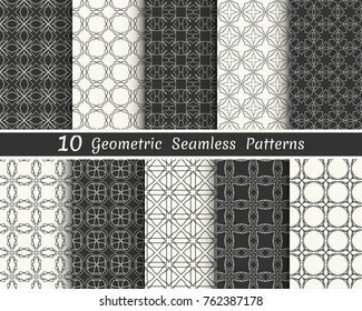 Set of seamless geometric patterns. Black and white line backgrounds collection. Endless repeating linear texture for wallpaper, packaging, banners, invitations, business cards, fabric print