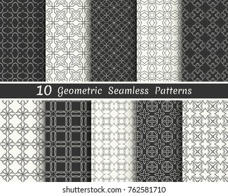 Set of seamless geometric patterns. Black and white line backgrounds collection. Endless repeating linear texture for wallpaper, packaging, banners, invitations, business cards, fabric print