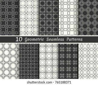Set of seamless geometric patterns. Black and white line backgrounds collection. Endless repeating linear texture for wallpaper, packaging, banners, invitations, business cards, fabric print