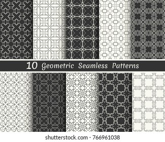 Set of seamless geometric patterns. Black and white line backgrounds collection. Endless repeating linear texture for wallpaper, packaging, banners, invitations, business cards, fabric print