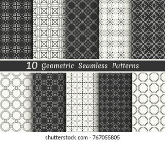Set of seamless geometric patterns. Black and white line backgrounds collection. Endless repeating linear texture for wallpaper, packaging, banners, invitations, business cards, fabric print