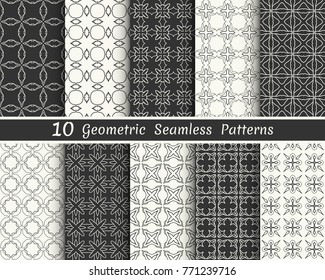 Set of seamless geometric patterns. Black and white line backgrounds collection. Endless repeating linear texture for wallpaper, packaging, banners, invitations, business cards, fabric print