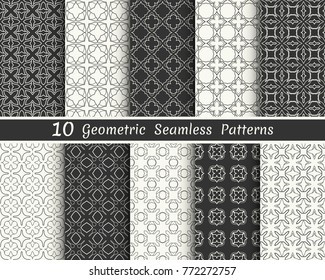 Set of seamless geometric patterns. Black and white line backgrounds collection. Endless repeating linear texture for wallpaper, packaging, banners, invitations, business cards, fabric print