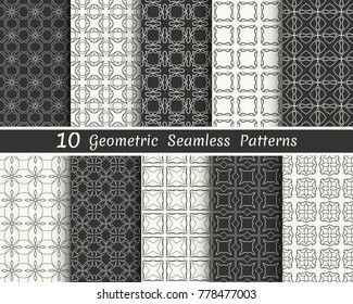 Set of seamless geometric patterns. Black and white line backgrounds collection. Endless repeating linear texture for wallpaper, packaging, banners, invitations, business cards, fabric print