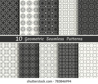 Set of seamless geometric patterns. Black and white line backgrounds collection. Endless repeating linear texture for wallpaper, packaging, banners, invitations, business cards, fabric print