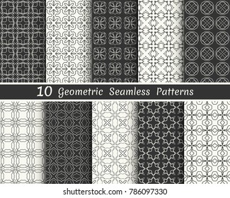 Set of seamless geometric patterns. Black and white line backgrounds collection. Endless repeating linear texture for wallpaper, packaging, banners, invitations, business cards, fabric print