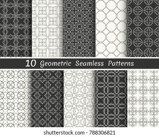 Set of seamless geometric patterns. Black and white line backgrounds collection. Endless repeating linear texture for wallpaper, packaging, banners, invitations, business cards, fabric print