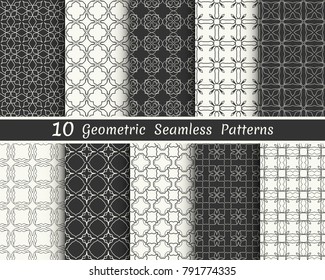 Set of seamless geometric patterns. Black and white line backgrounds collection. Endless repeating linear texture for wallpaper, packaging, banners, invitations, business cards, fabric print