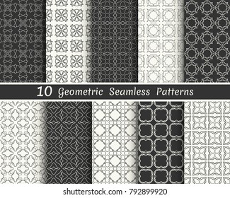 Set of seamless geometric patterns. Black and white line backgrounds collection. Endless repeating linear texture for wallpaper, packaging, banners, invitations, business cards, fabric print