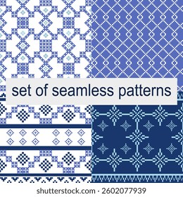 Set of Seamless Geometric Patterns in Blue Shades, Traditional Cross-Stitch and Pixel Art Style, Decorative Textile Background for Fabric,Cloth,Dress,Carpet, Wallpaper, Scrapbooking,and Digital Design