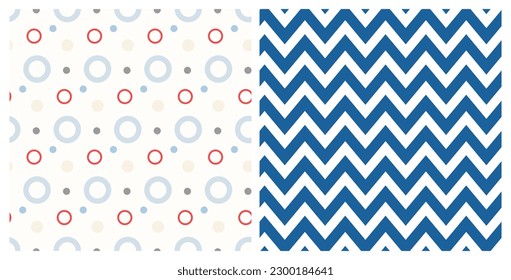 Set of seamless geometric patterns of circles and chevron style. Design for springtime, Mother’s day, Easter celebration, scrapbooking, nursery decor, home decor, paper crafts.