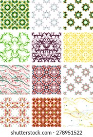 Set seamless geometric patterns - circles, swirls and floral textures. Vector illustration