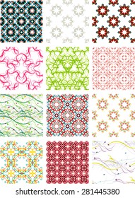 Set seamless geometric patterns - circles, swirls and floral textures. Vector illustration