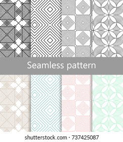  A set of seamless geometric patterns. Color and black and white. Infinite repeating linear texture for wallpaper, packaging, banners, invitations, business cards, fabric printing.
