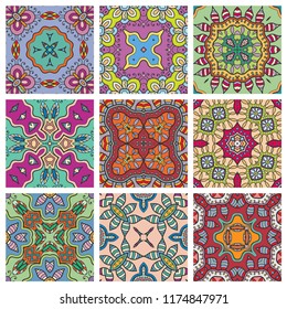 Set of seamless geometric patterns, colorful design elements collection. Fabric repeating texture, doodle art. Hand drawn abstract vector background.