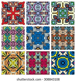 Set of seamless geometric patterns, colorful design elements collection. Fabric repeating texture, doodle art. Vector abstract background.