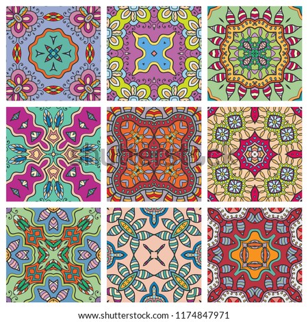 Set of seamless geometric patterns, colorful design elements collection. Fabric repeating texture, doodle art. Hand drawn abstract vector background.