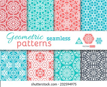Set of seamless geometric patterns. Duotone backgrounds. Various geometric elements. 