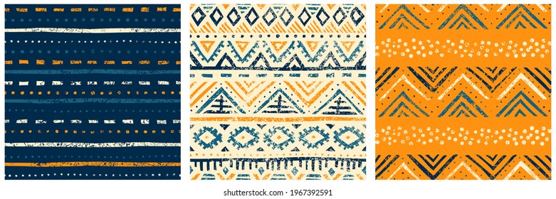 Set of seamless geometric patterns. Ethnic and tribal motives. Bohemian print for textiles, packaging, home decor. Grunge vintage texture. Vector illustration.