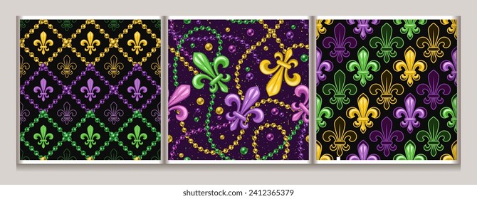 Set of seamless geometric patterns with Fleur de Lis sign, bead strings. Mardi gras decoration. Diagonal square grid. Vector illustration for print, fabric, textile.