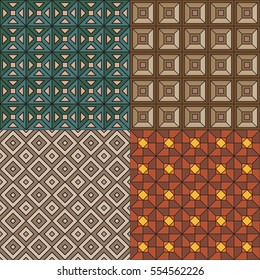 Set of seamless geometric patterns. Green and brown shades. Tiles, parquet.