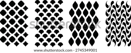 Set of Seamless Geometric Patterns: Moroccan Quatrefoil, Fish Scale, Leaf, and Paisley Wave Ornaments