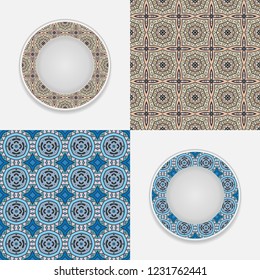 Set of seamless geometric patterns and plates  with colorful ornament. Interior decoration in ethnic arabic, indian, turkish style. Fashion background with ornate dish. Vector isolated design elements