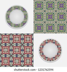 Set of seamless geometric patterns and plates  with colorful ornament. Interior decoration in ethnic arabic, indian, turkish style. Fashion background with ornate dish. Vector isolated design elements