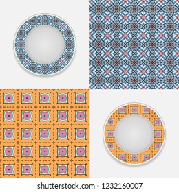 Set of seamless geometric patterns and plates  with colorful ornament. Interior decoration in ethnic arabic, indian, turkish style. Fashion background with ornate dish. Vector isolated design elements