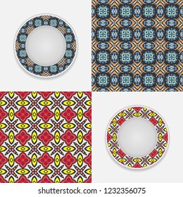 Set of seamless geometric patterns and plates  with colorful ornament. Interior decoration in ethnic arabic, indian, turkish style. Fashion background with ornate dish. Vector isolated design elements