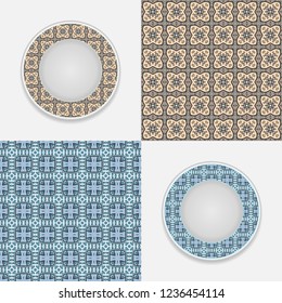Set of seamless geometric patterns and plates  with colorful ornament. Interior decoration in ethnic arabic, indian, turkish style. Fashion background with ornate dish. Vector isolated design elements