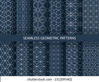 Set of seamless geometric patterns. Rich blue and white line backgrounds collection. Endless repeating linear texture for wallpaper, packaging, banners, invitations, business cards, fabric print