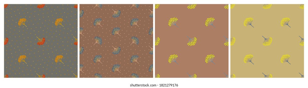 Set of seamless geometric patterns with  viburnum berries. Repeat botanical patterns. Vector illustration.