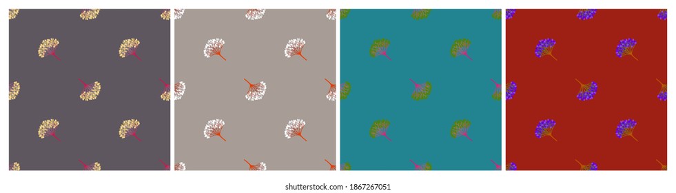 Set of seamless geometric patterns with  viburnum berries. Repeat botanical patterns. Vector illustration.
