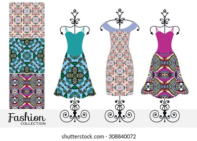 Set of seamless geometric patterns and women's dress collection. Isolated design elements for Invitation or Card. Seamless fabric texture